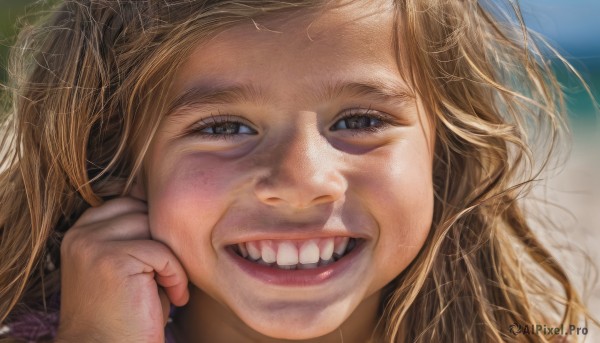 1girl,solo,long hair,looking at viewer,smile,open mouth,blue eyes,blonde hair,brown hair,teeth,grin,lips,portrait,close-up,hand on own face,freckles,head rest,realistic,nose,artist name,signature,eyelashes,messy hair