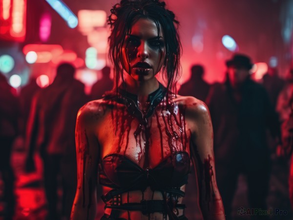 1girl,breasts,looking at viewer,short hair,black hair,cleavage,bare shoulders,medium breasts,upper body,solo focus,blurry,lips,strapless,blood,blurry background,injury,blood on face,realistic,blood on clothes,zombie,bustier,death,guro,solo,underwear,swimsuit,bikini,bra,torn clothes,piercing