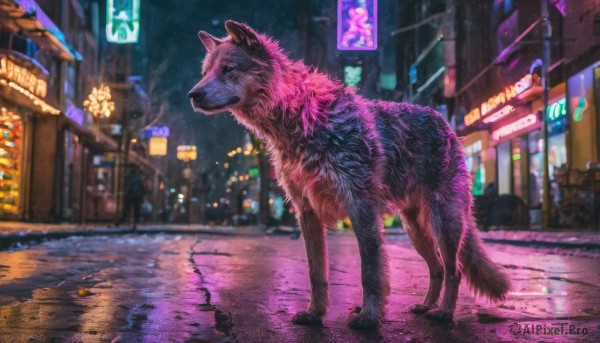 outdoors, sky, no humans, night, animal, building, night sky, dog, city, realistic, road, street, neon lights, pavement