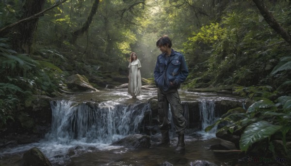 1girl,long hair,short hair,brown hair,shirt,black hair,long sleeves,1boy,dress,standing,jacket,red hair,boots,outdoors,day,pants,water,black footwear,white dress,looking at another,tree,leaf,black pants,sunlight,plant,denim,blue jacket,nature,scenery,forest,walking,cigarette,jeans,hands in pockets,smoking,river,waterfall,moss,stream,denim jacket,bangs,closed mouth,dark skin,hood,open jacket,profile,looking down,pocket,hand in pocket,rock,grey pants