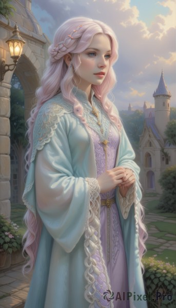 1girl,solo,long hair,breasts,blue eyes,long sleeves,dress,jewelry,very long hair,standing,pink hair,braid,flower,earrings,outdoors,parted lips,sky,day,cloud,wide sleeves,necklace,tree,lips,makeup,blue dress,wavy hair,cloudy sky,own hands together,cross,plant,building,gem,purple dress,french braid,pendant,curly hair,robe,fantasy,cross necklace,lamppost,castle,arch,hair ornament,white hair,blue sky,sunlight,ring,half updo