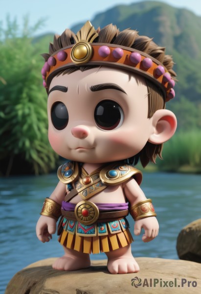 solo,blush,brown hair,1boy,brown eyes,jewelry,closed mouth,standing,full body,male focus,outdoors,barefoot,day,water,necklace,chibi,blurry,black eyes,bracelet,tree,blurry background,freckles,circlet,rock,bracer,male child,river,lake,short hair,black hair,greek clothes