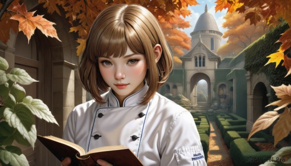 1girl,solo,looking at viewer,smile,short hair,bangs,multiple girls,brown hair,holding,brown eyes,closed mouth,upper body,outdoors,sky,solo focus,day,artist name,blunt bangs,medium hair,tree,blue sky,lips,book,buttons,leaf,watermark,bob cut,building,holding book,open book,reading,autumn leaves,architecture,castle,autumn,tower,statue,falling leaves,sunlight,white jacket,plant,scenery,realistic,nose