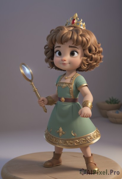 1girl,solo,smile,short hair,brown hair,dress,holding,brown eyes,jewelry,closed mouth,standing,full body,short sleeves,boots,belt,necklace,bracelet,dark-skinned female,lips,brown footwear,tiara,crown,plant,clenched hand,child,curly hair,green dress,mirror,female child,artist name,blurry,flat chest,blurry background,staff,basket,faux figurine