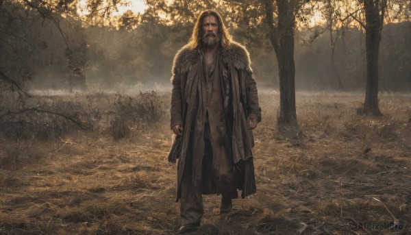 solo,long hair,looking at viewer,brown hair,black hair,long sleeves,1boy,standing,full body,male focus,boots,outdoors,pants,armor,tree,coat,facial hair,shoulder armor,nature,beard,clenched hands,forest,walking,mustache,arms at sides,jewelry,closed mouth,necklace,fur trim,ring,realistic