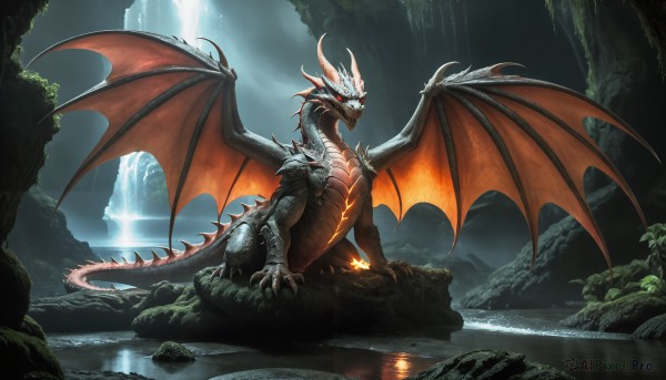 HQ,solo,open mouth,red eyes,sitting,tail,outdoors,wings,horns,teeth,water,no humans,glowing,sharp teeth,nature,scenery,glowing eyes,claws,spikes,dragon horns,monster,rock,mountain,dragon,scales,river,waterfall,dragon wings,cave,sky,cloud,tree,fire,forest,fantasy,breathing fire