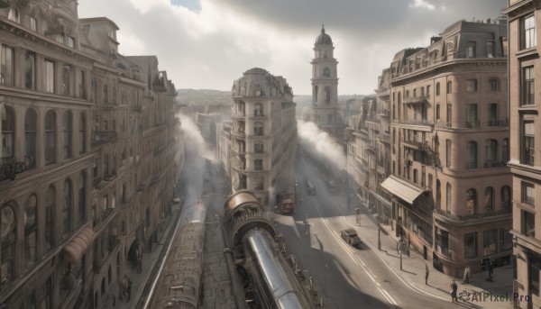 outdoors,multiple boys,sky,day,cloud,no humans,window,cloudy sky,ground vehicle,building,scenery,motor vehicle,smoke,6+boys,stairs,city,railing,car,road,cityscape,architecture,bridge,lamppost,street,tower,town,people,clock tower,vanishing point,sunlight,fog,church,arch