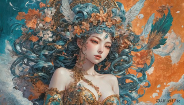 1girl,solo,long hair,breasts,looking at viewer,hair ornament,cleavage,bare shoulders,jewelry,medium breasts,blue hair,collarbone,upper body,flower,earrings,parted lips,detached sleeves,hair flower,lips,eyelashes,aqua hair,makeup,bird,wavy hair,feathers,lipstick,head wings,gem,eyeshadow,curly hair,fantasy,orange background,headdress,red lips,forehead jewel,orange flower,large breasts,dress,brown eyes,closed mouth,artist name,floating hair,portrait,mascara