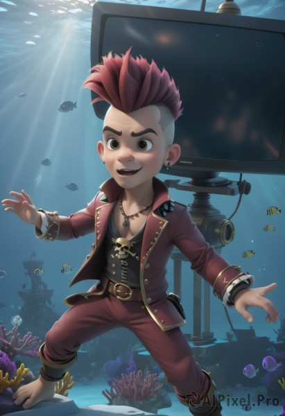 solo,smile,short hair,open mouth,1boy,brown eyes,jewelry,jacket,full body,pink hair,male focus,red hair,multicolored hair,earrings,open clothes,barefoot,teeth,belt,pants,necklace,open jacket,piercing,spiked hair,ear piercing,child,red jacket,fish,bubble,underwater,air bubble,watercraft,male child,undercut,television,red pants,ship,mohawk,coral,aquarium,blush,boots,artist name,water,scar