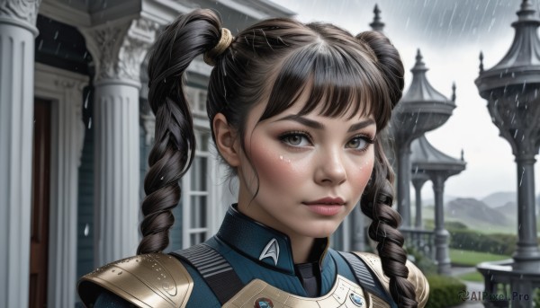 1girl,solo,long hair,looking at viewer,bangs,brown hair,black hair,twintails,brown eyes,closed mouth,upper body,braid,outdoors,sky,artist name,cloud,armor,blurry,twin braids,lips,makeup,blurry background,drill hair,cloudy sky,shoulder armor,portrait,twin drills,freckles,rain,pauldrons,realistic,nose,pillar,hair tie,architecture,grey sky