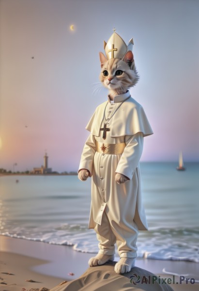 solo,long sleeves,1boy,hat,animal ears,jewelry,closed mouth,standing,full body,male focus,outdoors,barefoot,cat ears,water,necklace,blurry,black eyes,no humans,blurry background,ocean,animal,white headwear,beach,cat,cross,furry,clenched hands,robe,sand,furry male,watercraft,cross necklace,whiskers,boat,starfish,latin cross,white robe,priest,looking at viewer,sky,artist name,capelet,night,watermark,moon,rock,lighthouse,mitre