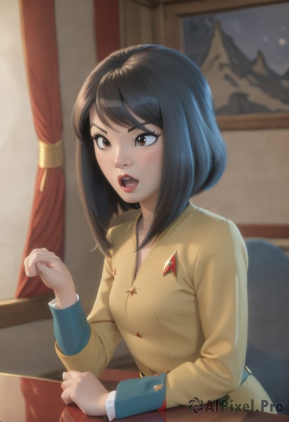 1girl,solo,breasts,short hair,open mouth,bangs,brown hair,black hair,long sleeves,brown eyes,sitting,jacket,upper body,teeth,tongue,belt,artist name,indoors,medium hair,blurry,uniform,lips,military,window,military uniform,blurry background,upper teeth only,chair,table,curtains,clenched hand,nose,soviet,blush,swept bangs,bob cut,yellow shirt