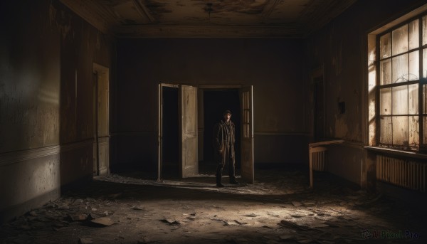 solo,short hair,shirt,1boy,standing,jacket,male focus,necktie,pants,indoors,black footwear,window,black pants,formal,suit,scenery,door,ruins,wide shot,crack,rubble,cracked wall,broken window,looking at viewer,black hair,shoes,coat,shadow,chair,hands in pockets,dark,horror (theme),open door,hallway