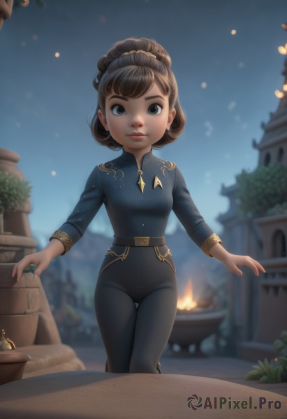 1girl,solo,looking at viewer,smile,short hair,bangs,blue eyes,brown hair,shirt,long sleeves,jewelry,closed mouth,standing,earrings,outdoors,sky,belt,pants,necklace,blurry,black eyes,lips,night,depth of field,blurry background,thigh gap,black pants,fire,blue shirt,child,night sky,breasts,brown eyes,artist name,watermark