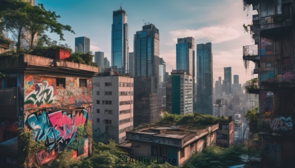 outdoors,sky,day,cloud,water,tree,blue sky,no humans,window,cloudy sky,plant,building,scenery,city,sign,cityscape,ruins,skyscraper,graffiti,overgrown,post-apocalypse