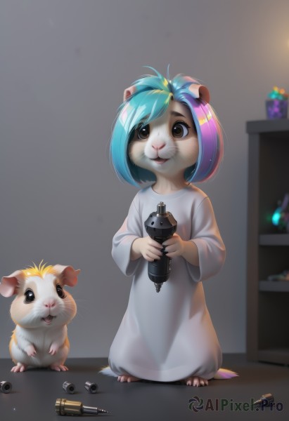 1girl,solo,smile,short hair,open mouth,bangs,shirt,long sleeves,dress,holding,animal ears,brown eyes,blue hair,standing,tail,full body,white shirt,pink hair,multicolored hair,barefoot,shiny,artist name,indoors,white dress,blurry,black eyes,two-tone hair,streaked hair,aqua hair,:3,animal,child,furry,personification,furry female,female child,controller,oversized clothes,whiskers,toy,buck teeth,crayon,model kit,purple hair,green hair,watermark,cat,web address,mouse,hamster,marker