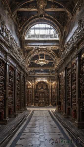 day,indoors,no humans,window,shadow,sunlight,scenery,stairs,door,bookshelf,light,architecture,pillar,library,ceiling,hallway,church,arch,candlestand,chandelier,column,vanishing point,fantasy,statue