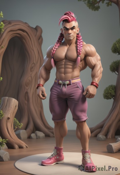 solo,long hair,looking at viewer,1boy,navel,brown eyes,jewelry,closed mouth,standing,full body,pink hair,braid,male focus,multicolored hair,shoes,shorts,belt,pants,dark skin,twin braids,bracelet,tree,muscular,facial hair,scar,abs,dark-skinned male,thick eyebrows,pectorals,muscular male,wristband,sneakers,bara,hair over shoulder,scar on face,clenched hands,large pectorals,veins,topless male,rock,pink footwear,manly,biceps,mohawk,purple shorts,multiple braids,nipples,artist name,watermark,web address,undercut