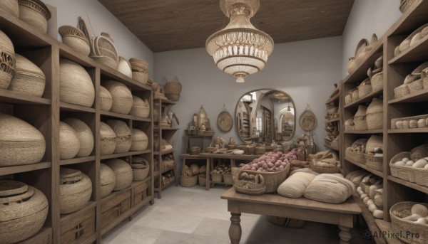 food,indoors,no humans,window,table,bottle,scenery,stairs,door,clock,basket,lamp,bread,egg,sepia,shelf,jar,shop,ceiling,ceiling light,baguette,loaded interior,fantasy