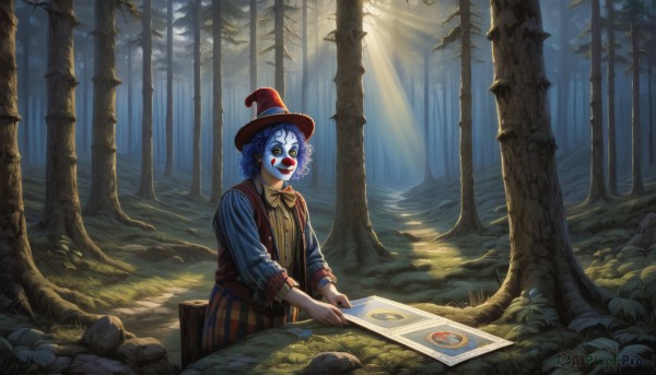 solo,smile,short hair,shirt,long sleeves,1boy,hat,bow,holding,sitting,blue hair,yellow eyes,male focus,outdoors,food,striped,pants,bowtie,vest,tree,mask,sunlight,grass,nature,scenery,red headwear,vertical stripes,forest,light rays,top hat,facepaint,sunbeam,striped pants,clown,open mouth,teeth,night,facial mark,knife,tree stump