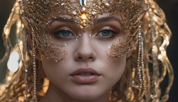 1girl,solo,long hair,looking at viewer,blue eyes,blonde hair,jewelry,parted lips,teeth,blurry,lips,grey eyes,eyelashes,black background,gem,portrait,close-up,freckles,curly hair,realistic,nose,gold,hair ornament,artist name,makeup,gold chain,head chain