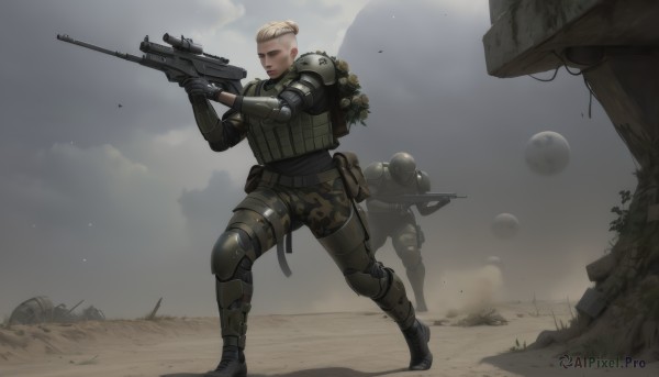 short hair,blonde hair,gloves,1boy,holding,standing,weapon,male focus,boots,outdoors,multiple boys,sky,pants,bag,holding weapon,armor,uniform,gun,military,military uniform,backpack,helmet,shoulder armor,holding gun,rifle,science fiction,pouch,assault rifle,knee pads,camouflage,soldier,bulletproof vest,1girl,solo,cloud,realistic,explosive