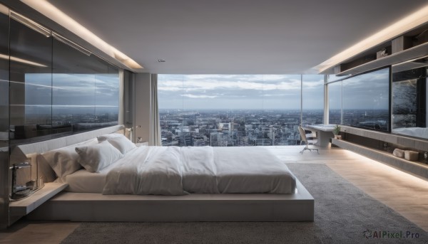 sky,day,cloud,indoors,cup,blue sky,pillow,book,no humans,window,bed,ocean,on bed,chair,table,cloudy sky,plant,curtains,building,scenery,couch,wooden floor,city,blanket,horizon,clock,potted plant,lamp,cityscape,computer,bedroom,skyscraper,rooftop,blinds,skyline,tree,bed sheet,snow,desk,carpet,rug,cabinet