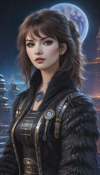 1girl,solo,long hair,breasts,looking at viewer,bangs,brown hair,brown eyes,jewelry,upper body,earrings,outdoors,parted lips,sky,necklace,lips,coat,fur trim,makeup,night,moon,lipstick,building,gem,star (sky),night sky,full moon,pendant,starry sky,freckles,city,nose,red lips,cityscape,jacket,open clothes,black jacket,eyelashes,wavy hair,realistic