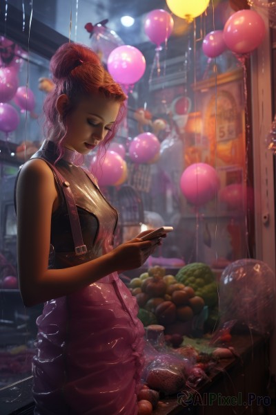 1girl,solo,breasts,holding,bare shoulders,medium breasts,closed mouth,standing,closed eyes,pink hair,food,sleeveless,artist name,indoors,dark skin,hair bun,blurry,sweater,dark-skinned female,lips,bare arms,night,fruit,depth of field,blurry background,turtleneck,bird,phone,moon,single hair bun,suspenders,cellphone,full moon,fish,holding phone,turtleneck sweater,overalls,balloon,very dark skin,sleeveless sweater,short hair,brown hair,dress,jewelry,red hair,earrings,outdoors,necklace,sleeveless shirt,makeup,watermark,pink dress,web address,smartphone,rain,curly hair,hoop earrings,realistic,nose,meat,onion