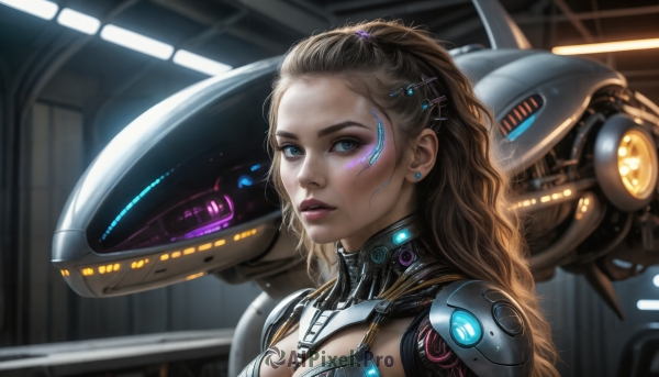 HQ,1girl,solo,long hair,breasts,looking at viewer,blue eyes,brown hair,hair ornament,jewelry,upper body,ponytail,earrings,parted lips,hairclip,armor,blurry,lips,makeup,robot,portrait,science fiction,realistic,nose,stud earrings,eyeliner,cyborg,hair pulled back,cyberpunk,blonde hair,cleavage,medium breasts,indoors,from side,glowing,wavy hair,facial mark,piercing,mecha