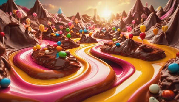 outdoors,food,sky,cloud,blurry,no humans,candy,scenery,cake,sunset,lollipop,chocolate,mountain,sun,food focus,candy cane,sweets,chocolate bar,heart,sunlight,cloudy sky,valentine,balloon,heart-shaped chocolate,mountainous horizon,still life,sunrise,icing