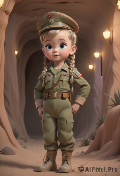 1girl,solo,long hair,looking at viewer,blue eyes,blonde hair,long sleeves,hat,twintails,closed mouth,standing,jacket,full body,braid,boots,belt,pants,uniform,twin braids,lips,military,military uniform,brown footwear,child,peaked cap,buckle,cross-laced footwear,pocket,hands on hips,pouch,military hat,lantern,belt buckle,green jacket,female child,brown belt,lamp,breast pocket,belt pouch,green pants,medal,world war ii,soldier,brown hair,aged down