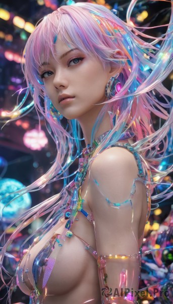 1girl,solo,long hair,breasts,looking at viewer,bangs,blue eyes,bare shoulders,jewelry,medium breasts,blue hair,upper body,pink hair,multicolored hair,earrings,parted lips,blurry,from side,lips,grey eyes,sideboob,blurry background,revealing clothes,armlet,science fiction,realistic,android,cyborg,cyberpunk,closed mouth,necklace,eyelashes,expressionless,nose