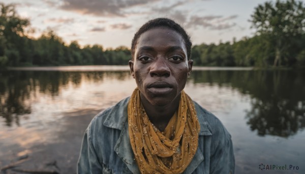 solo,looking at viewer,black hair,1boy,jacket,upper body,male focus,outdoors,sky,cloud,dark skin,water,scarf,blurry,black eyes,tree,blurry background,facial hair,dark-skinned male,cloudy sky,blue jacket,reflection,realistic,river,very dark skin,photo background,smile,short hair,shirt,closed mouth,day,neckerchief,parody,denim,nature,meme,bandana,very short hair,lake,denim jacket