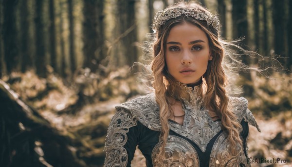 1girl,solo,long hair,looking at viewer,blue eyes,blonde hair,brown hair,jewelry,upper body,necklace,armor,blurry,lips,depth of field,blurry background,wavy hair,shoulder armor,veil,snow,freckles,curly hair,pauldrons,breastplate,realistic,fantasy,closed mouth,outdoors,tree,portrait,nature,forest,nose