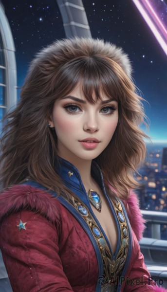 1girl,solo,long hair,breasts,looking at viewer,smile,bangs,blue eyes,brown hair,cleavage,brown eyes,jewelry,medium breasts,jacket,upper body,earrings,small breasts,parted lips,sky,necklace,star (symbol),blurry,lips,coat,fur trim,eyelashes,window,makeup,night,watermark,gem,star (sky),night sky,pendant,starry sky,realistic,nose,long sleeves,outdoors,artist name,lipstick,red jacket,pink lips,city