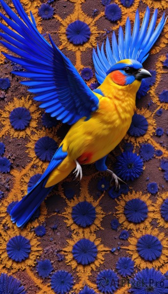 solo,closed mouth,full body,flower,black eyes,pokemon (creature),no humans,bird,animal,from above,blue flower,realistic,floral background,animal focus,talons,beak,blue feathers,open mouth,looking up