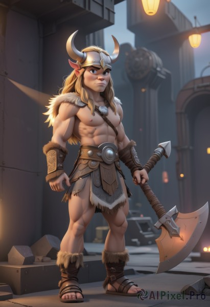 solo,long hair,blue eyes,blonde hair,1boy,holding,nipples,standing,full body,weapon,male focus,outdoors,horns,pointy ears,artist name,holding weapon,armor,fur trim,muscular,watermark,abs,sandals,thick eyebrows,helmet,pectorals,muscular male,bara,pelvic curtain,large pectorals,topless male,fake horns,axe,bare pectorals,loincloth,holding axe,horned helmet,looking at viewer,brown hair,braid,thighs,belt,facial hair,beard,lantern,horned headwear,battle axe