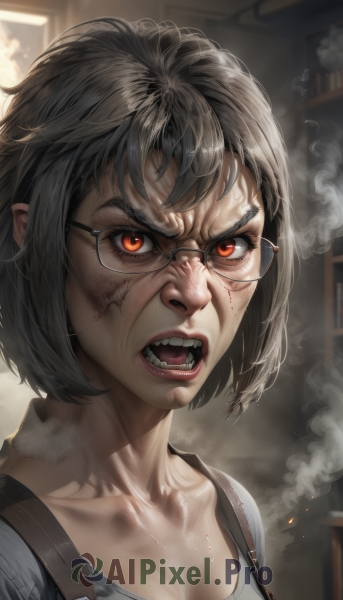 1girl,solo,breasts,looking at viewer,short hair,open mouth,bangs,shirt,black hair,red eyes,cleavage,collarbone,upper body,grey hair,glasses,teeth,artist name,lips,orange eyes,blood,fangs,scar,suspenders,portrait,angry,scar on face,smoke,injury,blood on face,realistic,nose,dirty,medium breasts,white shirt,tongue,shiny,indoors,signature,v-shaped eyebrows,eyelashes,tank top,messy hair,grey shirt,close-up,backlighting,veins,round eyewear,strap,dirty face