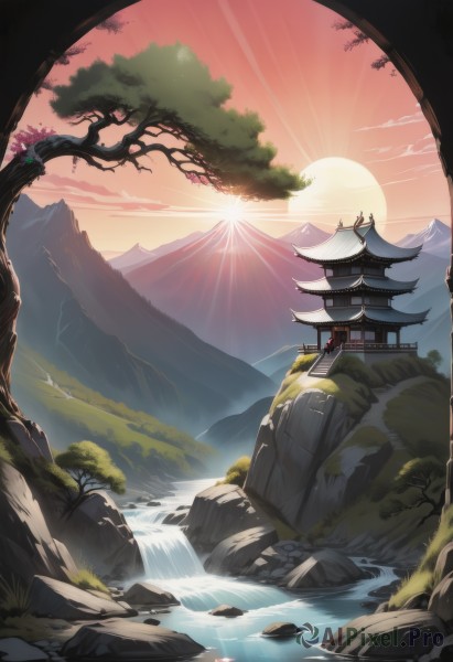 A waterfall showcased in a vivid sunset outdoors