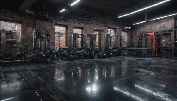 indoors,water,dutch angle,no humans,window,scenery,reflection,science fiction,light,ceiling,ceiling light,industrial pipe,reflective floor,night,building,rain