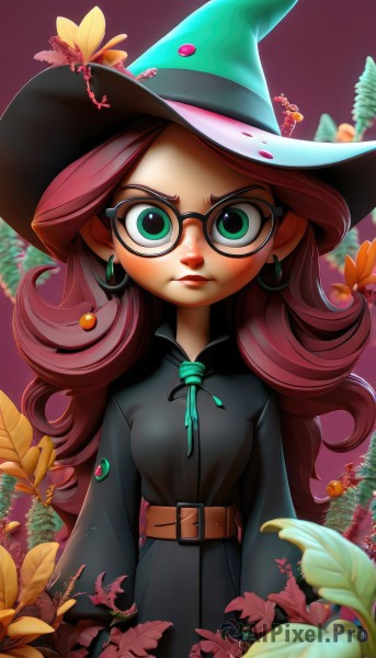 1girl,solo,long hair,looking at viewer,blush,long sleeves,hat,dress,ribbon,jewelry,closed mouth,green eyes,pink hair,flower,red hair,earrings,glasses,belt,artist name,black dress,lips,v-shaped eyebrows,gradient,gradient background,eyelashes,black headwear,neck ribbon,makeup,witch hat,frown,leaf,watermark,plant,web address,angry,buckle,freckles,purple background,black-framed eyewear,curly hair,belt buckle,round eyewear,witch,brown belt,aqua ribbon,breasts,upper body