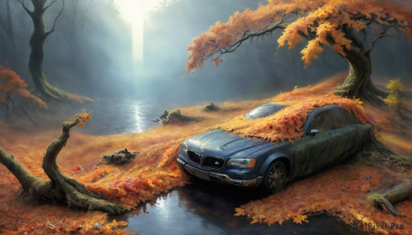 HQ,outdoors,day,water,tree,no humans,leaf,sunlight,ground vehicle,nature,scenery,motor vehicle,forest,reflection,light rays,realistic,car,road,autumn leaves,maple leaf,vehicle focus,autumn,sports car,branch,river