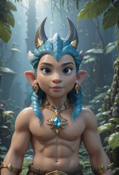 solo,long hair,looking at viewer,smile,blue eyes,1boy,navel,brown eyes,jewelry,closed mouth,nipples,blue hair,upper body,braid,male focus,earrings,outdoors,horns,day,pointy ears,necklace,blurry,bracelet,tree,muscular,blurry background,leaf,abs,thick eyebrows,pectorals,plant,nature,forest,freckles,toned,topless male,bangs,belt,artist name,stomach,twin braids,muscular male,realistic