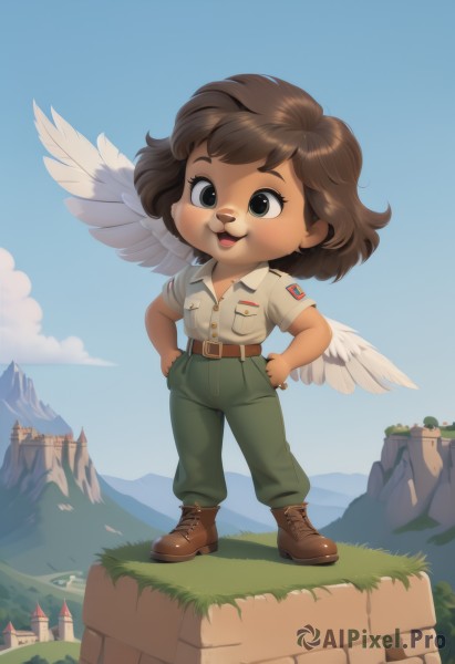 1girl,solo,smile,short hair,open mouth,brown hair,shirt,brown eyes,standing,full body,white shirt,short sleeves,boots,outdoors,wings,sky,day,collared shirt,belt,pants,cloud,chibi,uniform,black eyes,blue sky,military,military uniform,:3,brown footwear,grass,building,feathered wings,furry,pocket,hands on hips,angel wings,mountain,furry female,white wings,brown belt,breast pocket,castle,green pants,cliff,teeth,artist name,signature