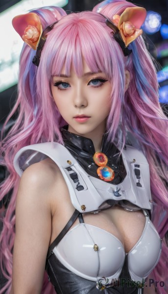 1girl,solo,long hair,breasts,looking at viewer,bangs,blue eyes,hair ornament,cleavage,bare shoulders,jewelry,medium breasts,closed mouth,upper body,pink hair,multicolored hair,sleeveless,blurry,lips,clothing cutout,eyelashes,makeup,cleavage cutout,lipstick,realistic,twintails,parted lips,two side up,headgear