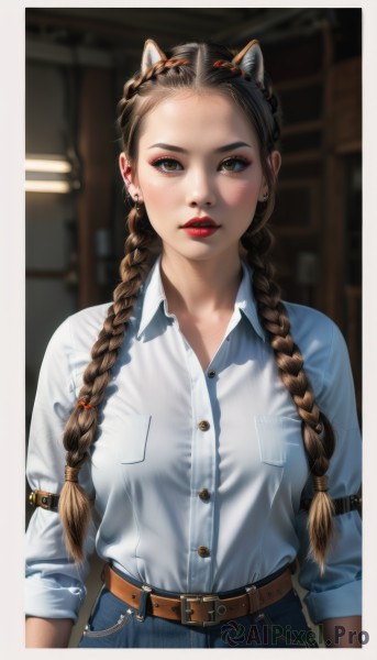 1girl,solo,long hair,breasts,looking at viewer,blush,brown hair,shirt,animal ears,twintails,brown eyes,jewelry,closed mouth,white shirt,upper body,braid,hairband,earrings,collared shirt,belt,pants,indoors,cat ears,blurry,twin braids,lips,dress shirt,makeup,buttons,blurry background,fake animal ears,denim,lipstick,hair over shoulder,forehead,buckle,sleeves rolled up,freckles,pocket,jeans,belt buckle,realistic,red lips,shirt tucked in,stud earrings,brown belt,breast pocket,black hair,parted lips,blue shirt,extra ears,nose,multiple braids