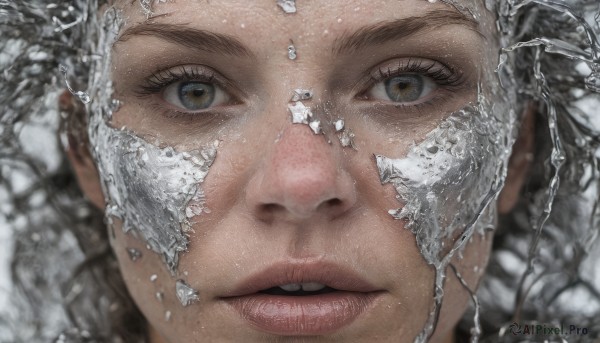 1girl,solo,looking at viewer,brown eyes,parted lips,teeth,water,blurry,lips,grey eyes,eyelashes,portrait,close-up,reflection,ice,crystal,realistic,nose,eye focus