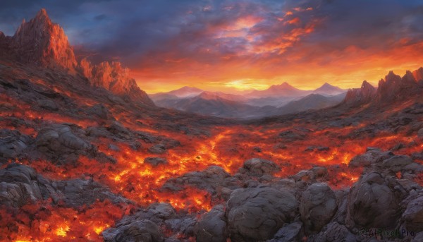 outdoors,sky,cloud,no humans,cloudy sky,fire,nature,scenery,sunset,rock,mountain,landscape,mountainous horizon,gradient sky,orange sky,orange theme,red sky,molten rock,tree,smoke