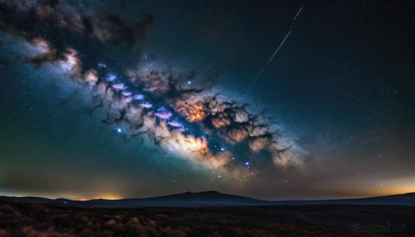 outdoors,sky,cloud,tree,no humans,night,star (sky),night sky,scenery,starry sky,sunset,mountain,horizon,landscape,mountainous horizon,gradient sky,shooting star,milky way,dark